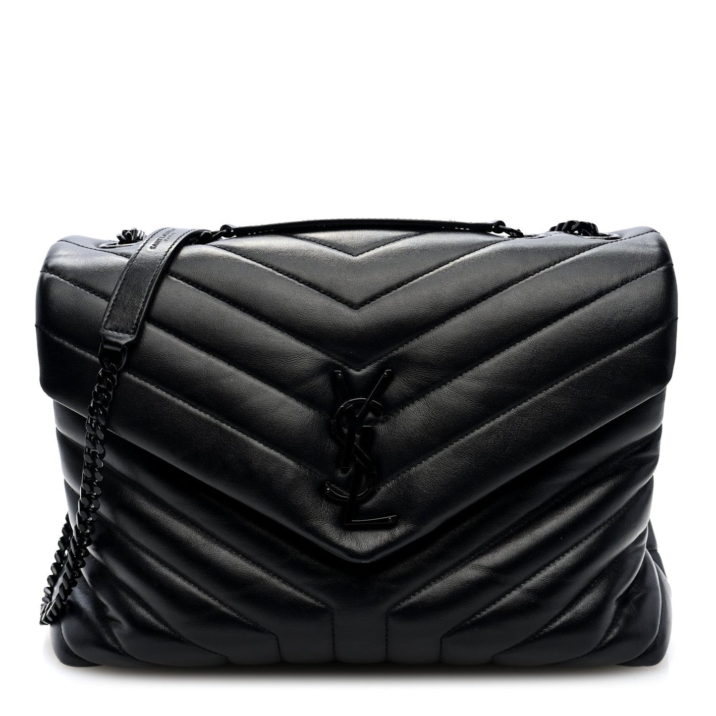 Quilted calfskin chain satchel, medium size, black with top handle and shoulder strap