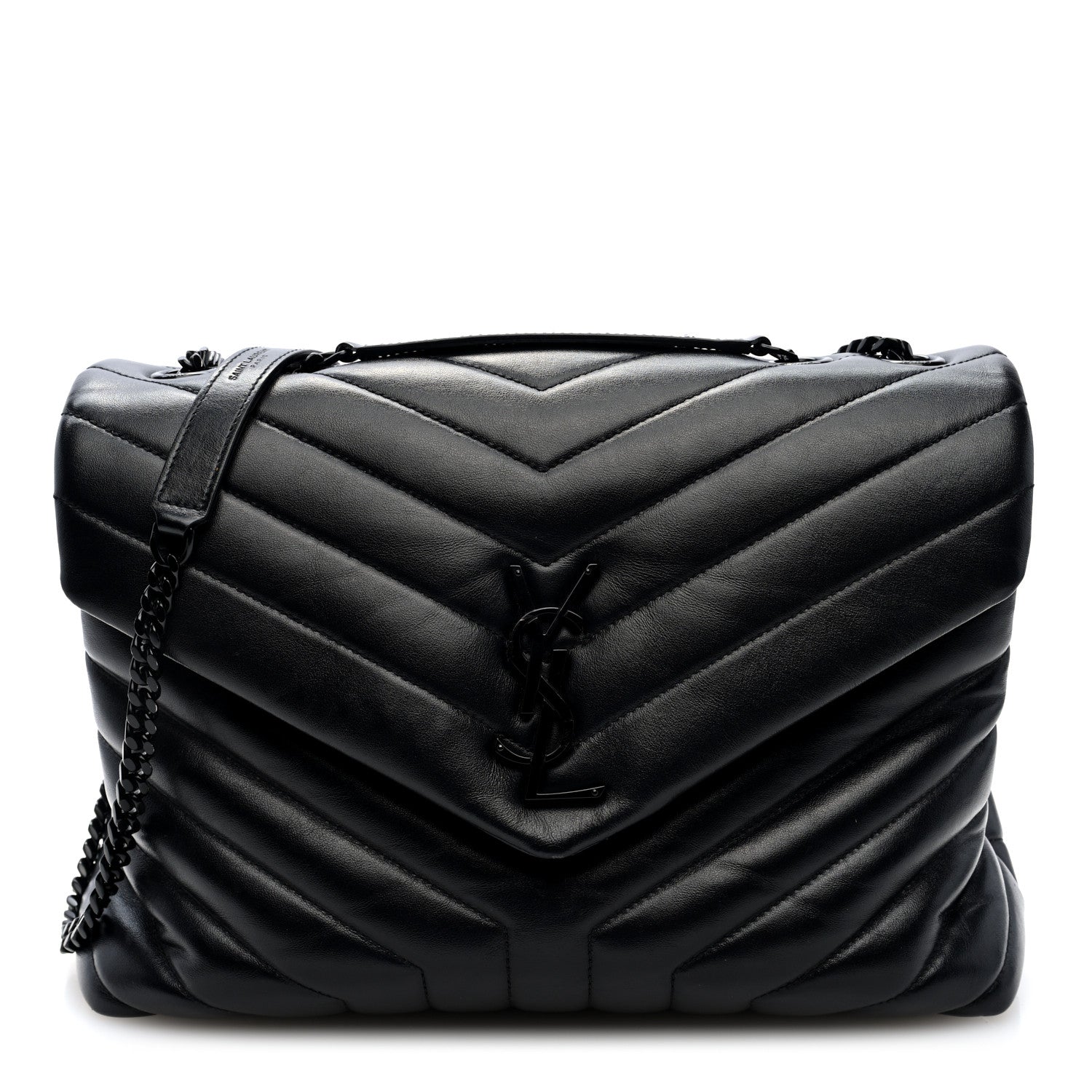 Quilted calfskin chain satchel, medium size, black with top handle and shoulder strap
