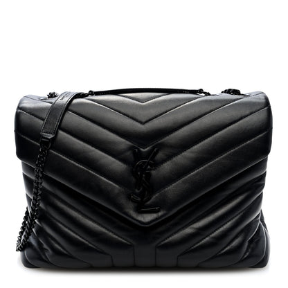 Quilted calfskin chain satchel, medium size, black with top handle and shoulder strap