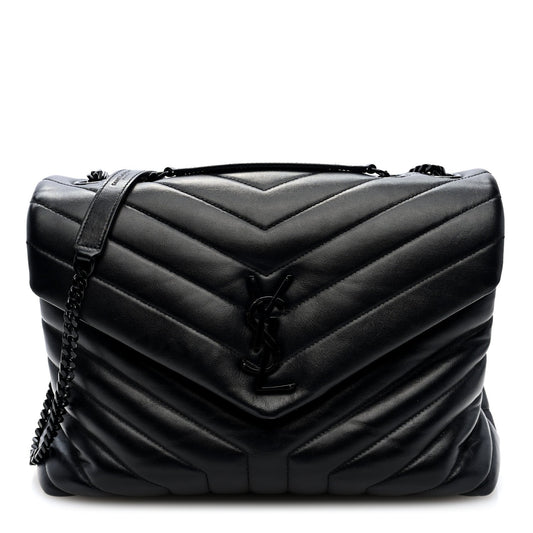 Quilted calfskin chain satchel, medium size, black with top handle and shoulder strap