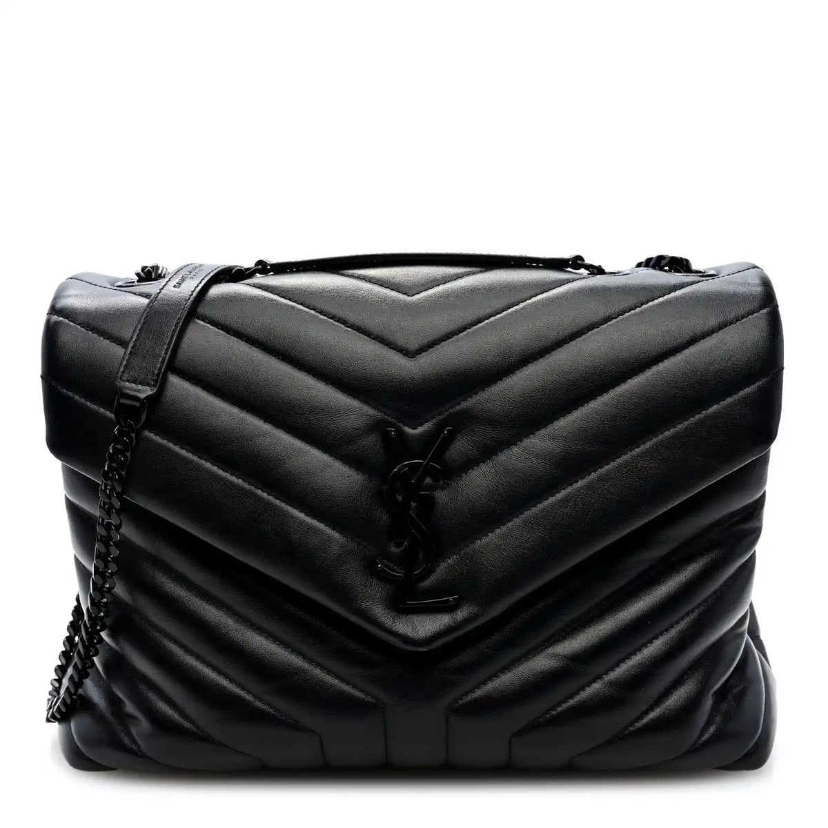 Quilted calfskin chain satchel, medium size, black with top handle and shoulder strap