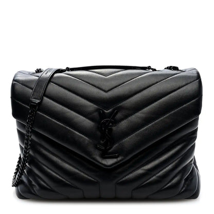 Quilted calfskin chain satchel, medium size, black with top handle and shoulder strap
