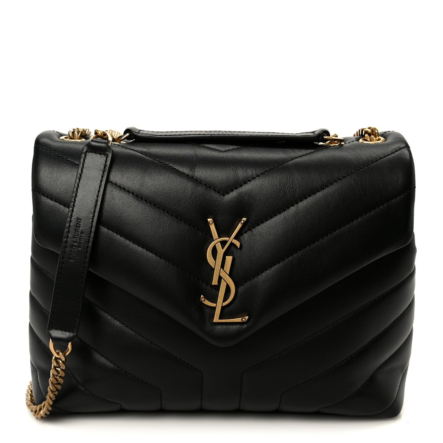 Black quilted leather chain satchel with YSL logo, top handle and shoulder strap.