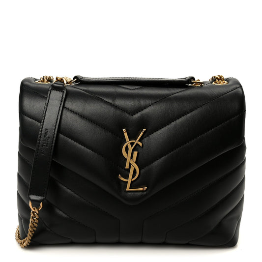Black quilted leather chain satchel with YSL logo, top handle and shoulder strap.