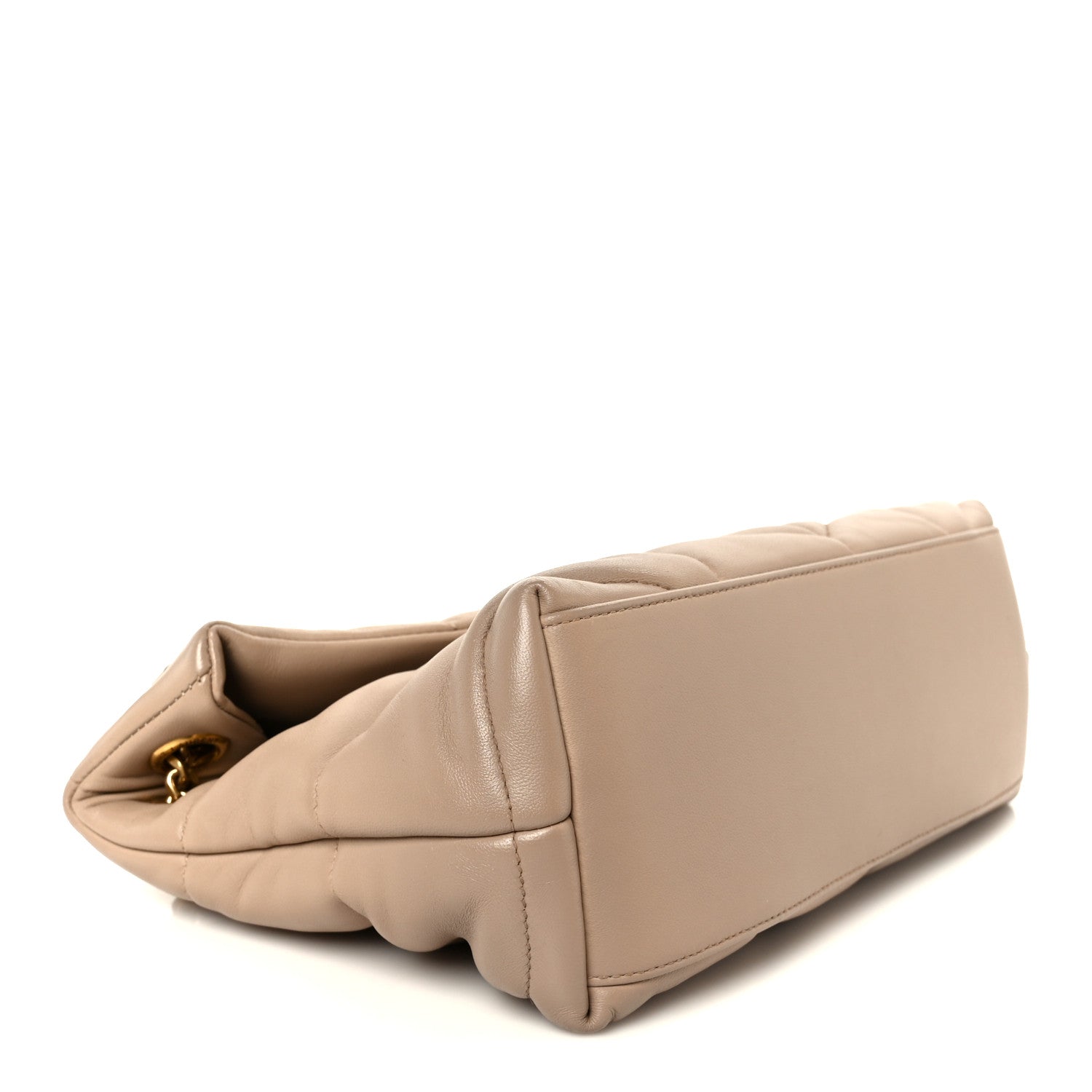 Small puffer chain satchel in dark beige from side and bottom corner
