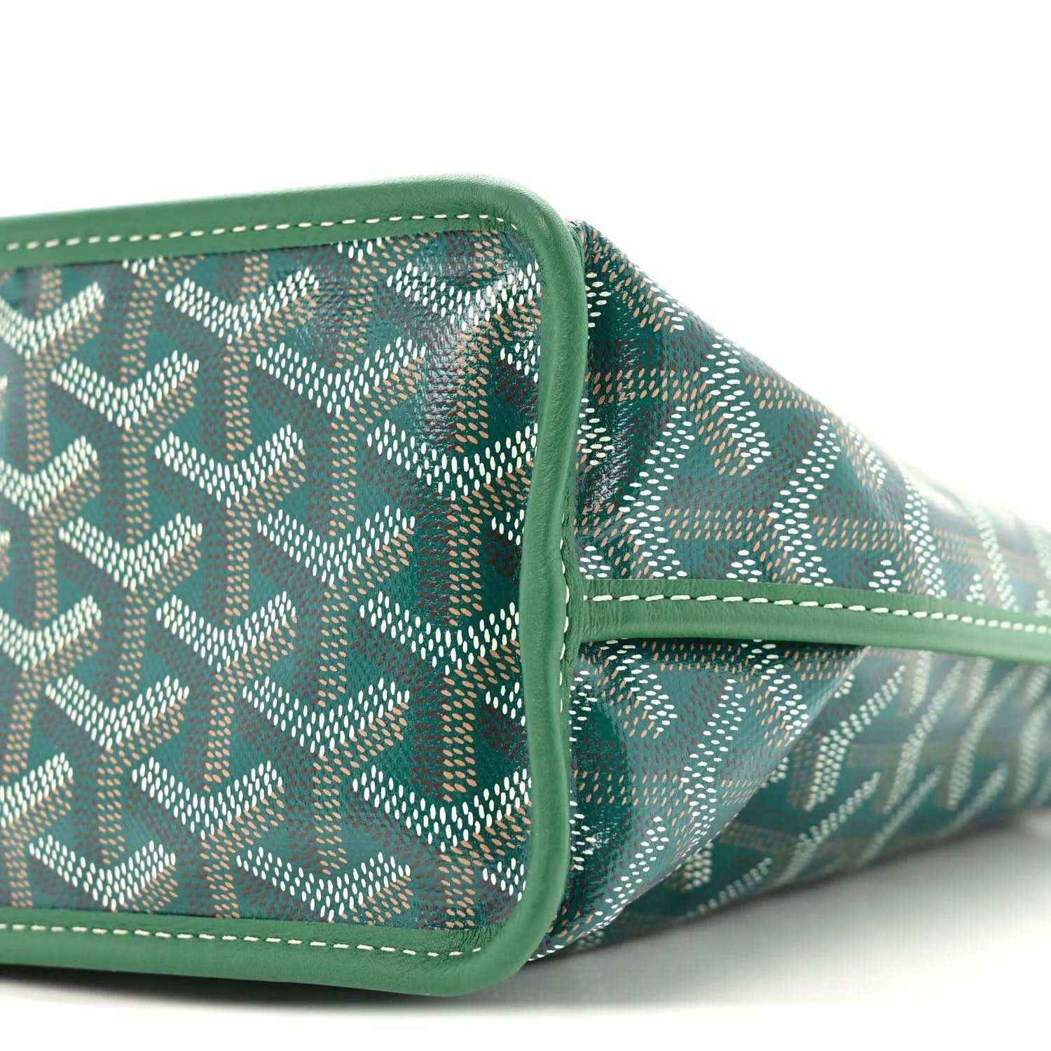 Reversible mini tote bag corner with green patterned fabric and contrast piping
