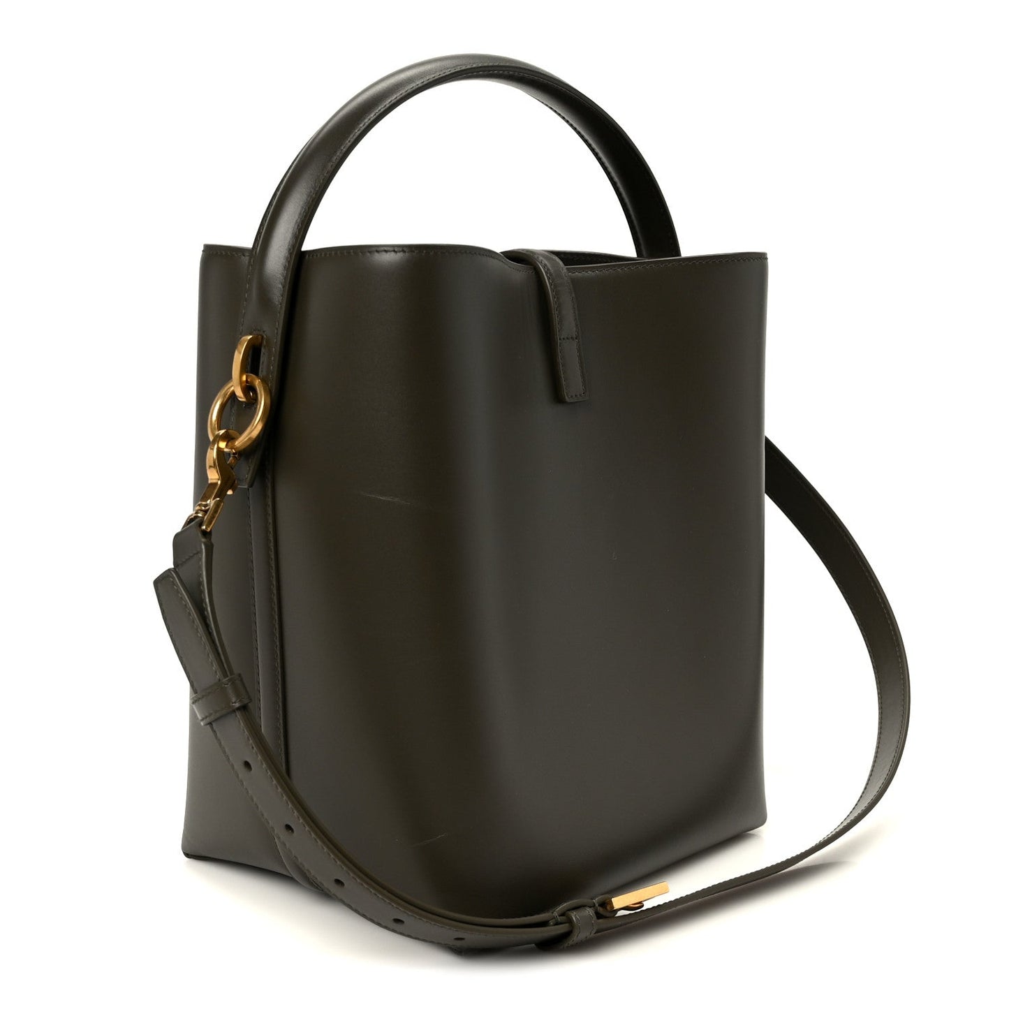 Saint Laurent bucket bag side view in deep musk leather with top handle and crossbody strap.