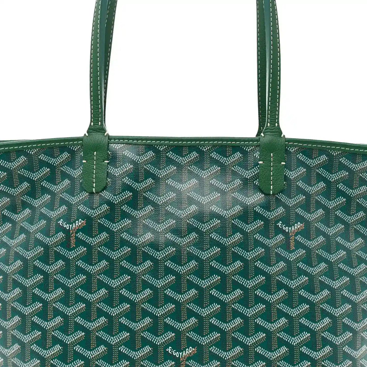 Goyard Artois PM tote bag front view with green handles and Goyardine pattern