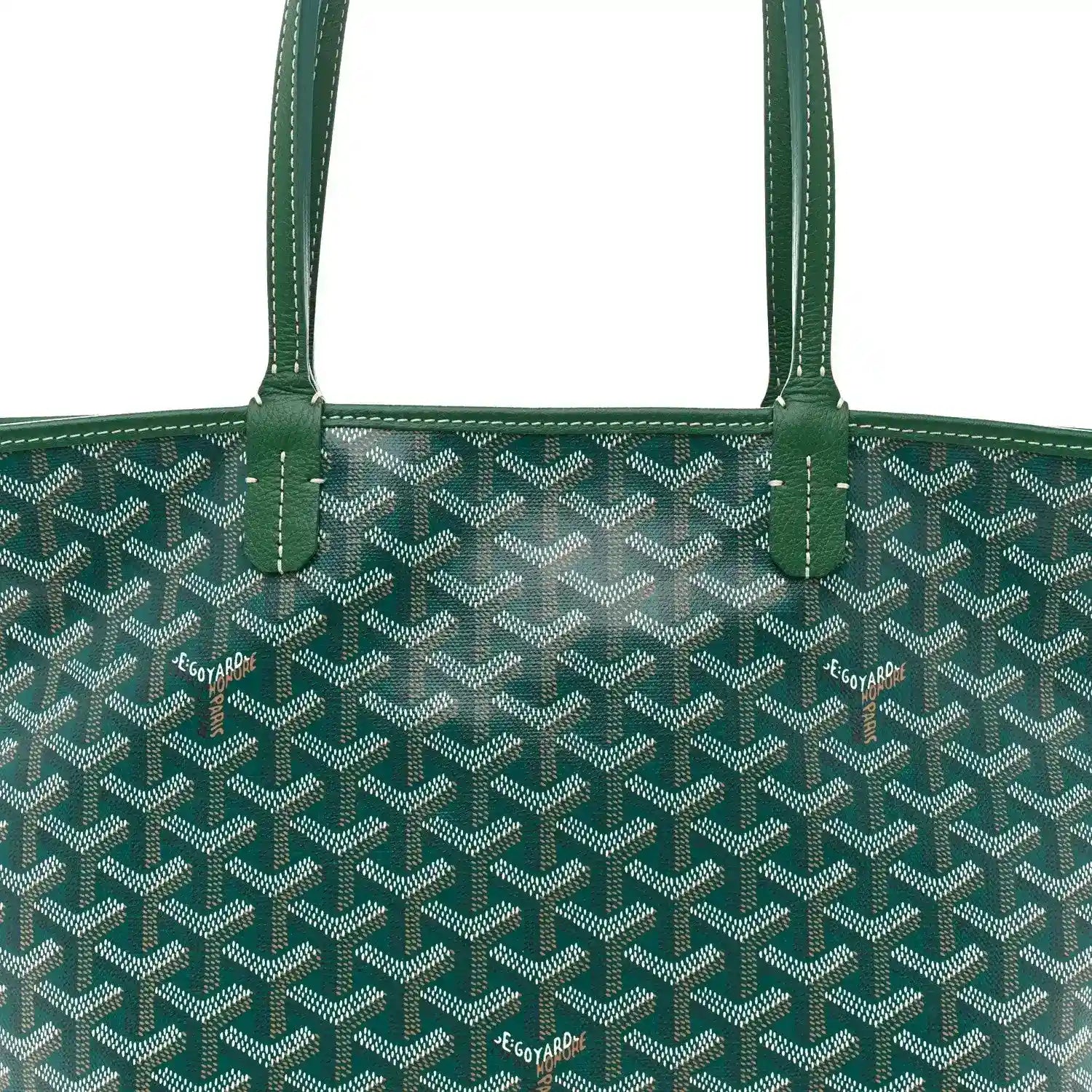 Goyard Artois PM tote bag front view with green handles and Goyardine pattern