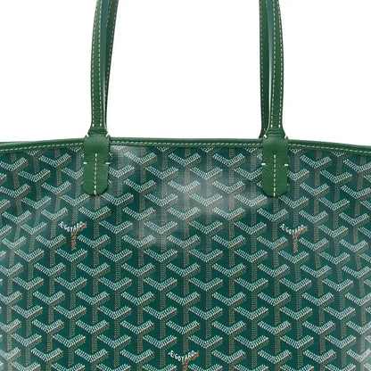 Goyard Artois PM tote bag front view with green handles and Goyardine pattern