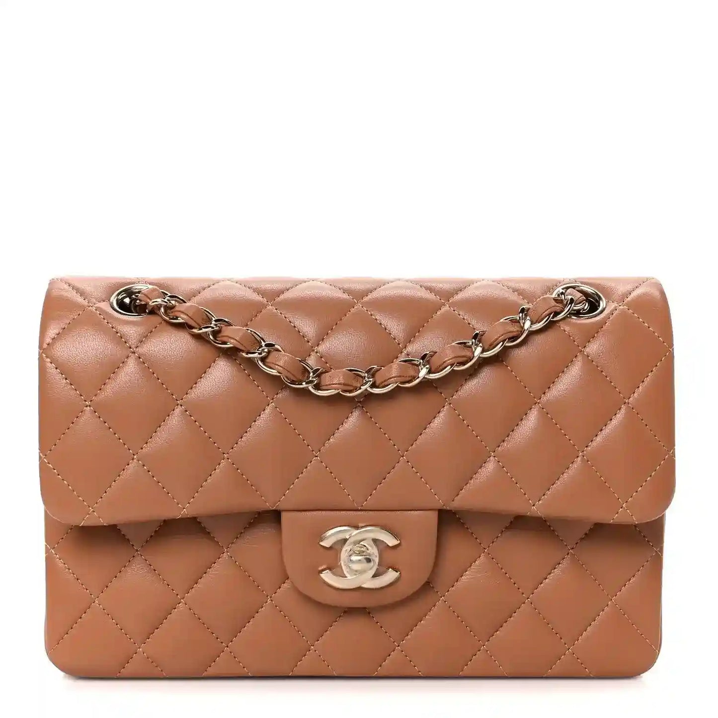 Quilted lambskin small double flap shoulder bag with chain strap and CC turn-lock, brown.