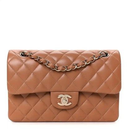 Quilted lambskin small double flap shoulder bag with chain strap and CC turn-lock, brown.