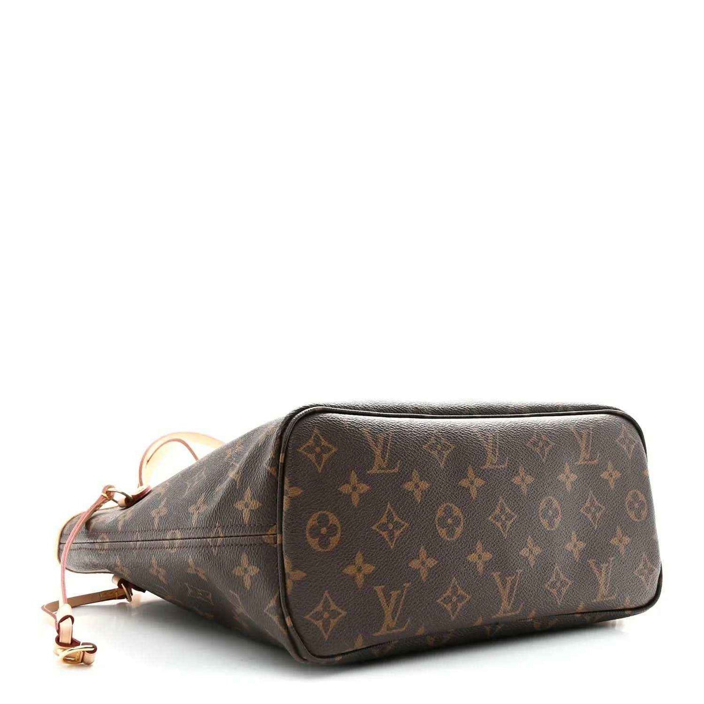 Monogram canvas duffel pouch with dark leather trim and a tan adjustable strap, side view