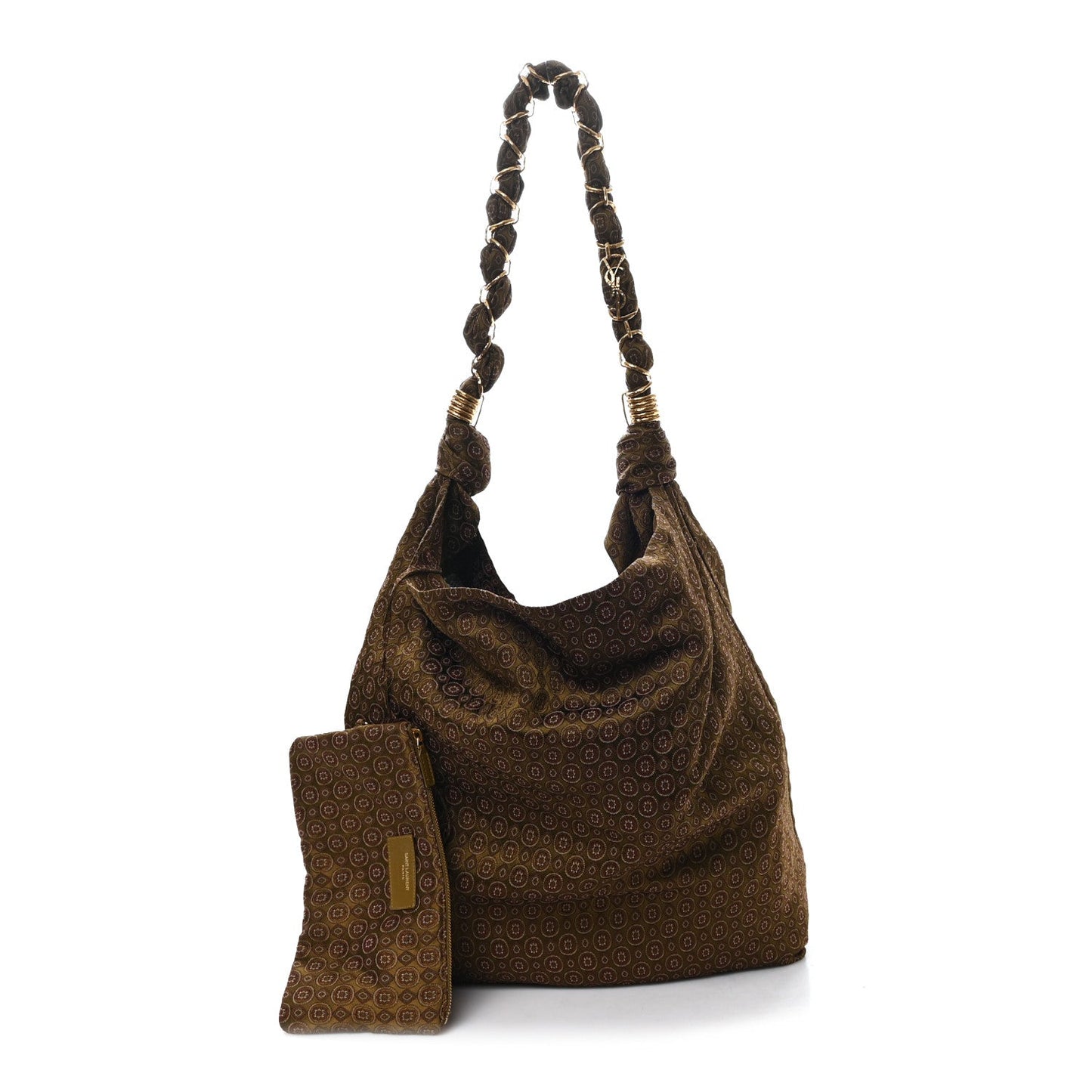 Medium hobo bag with braided handles and jacquard medallion pattern, brown/olive.