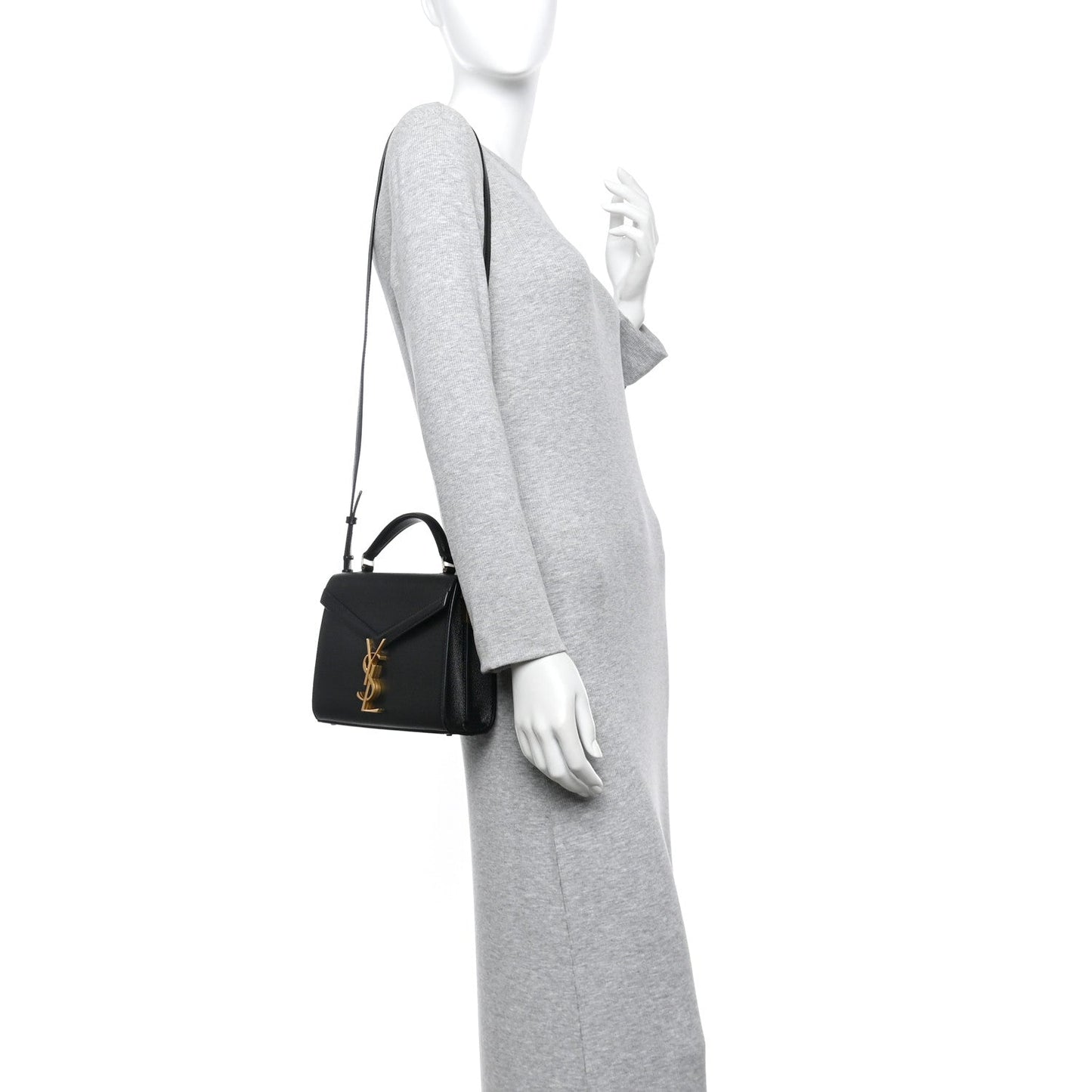 Black mini top-handle bag with gold YSL monogram and textured finish