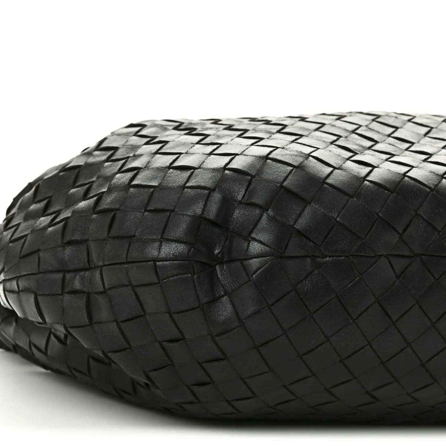 Black woven leather shoulder bag side with Intrecciato texture and seam