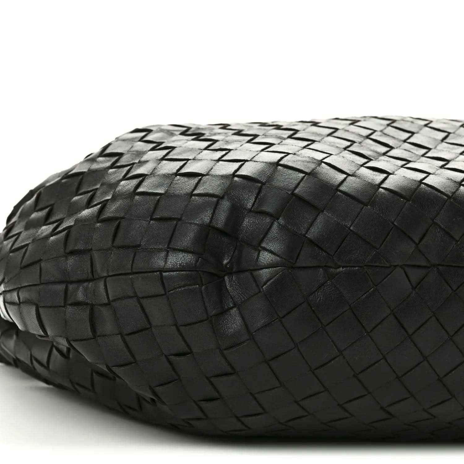 Black woven leather shoulder bag side with Intrecciato texture and seam