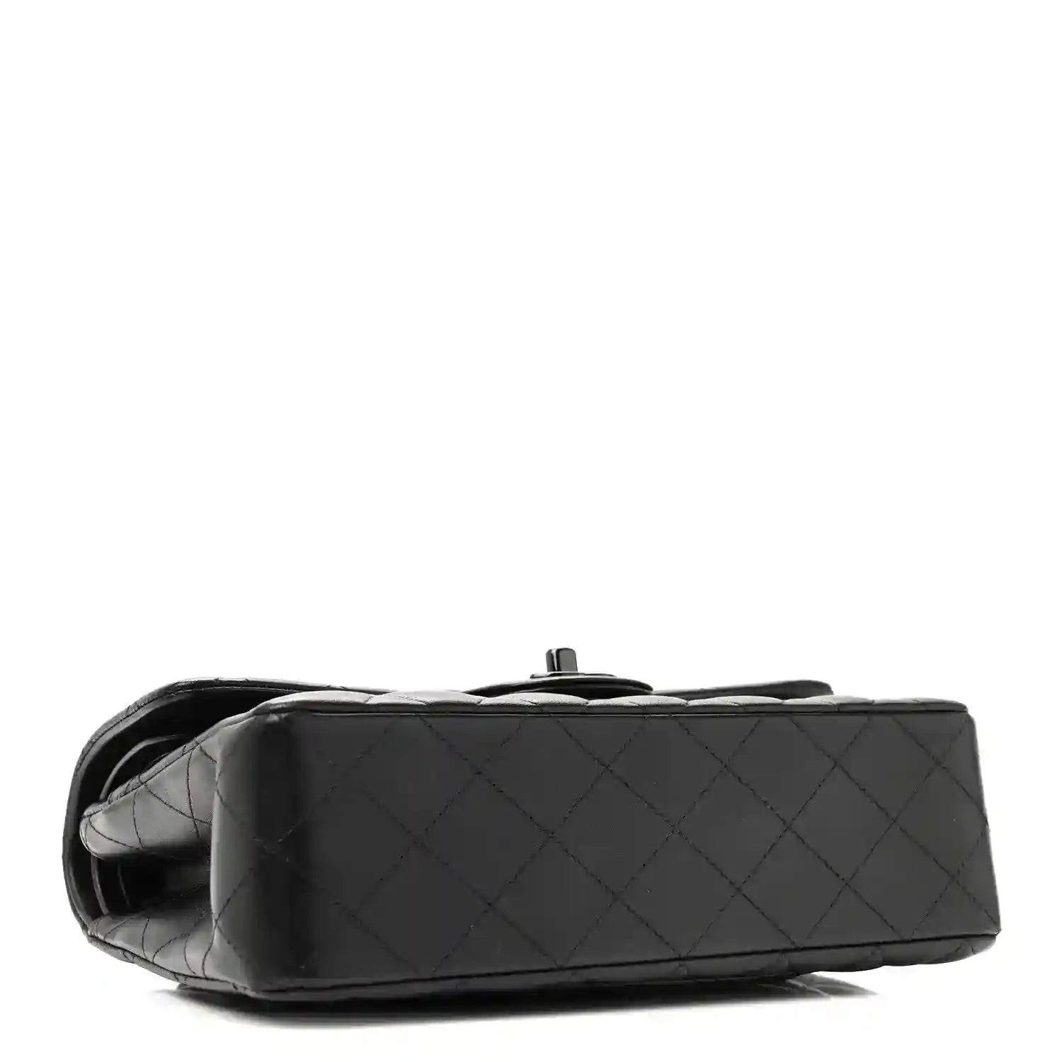 Quilted dark black leather bag base with chain strap attachment, rounded edge