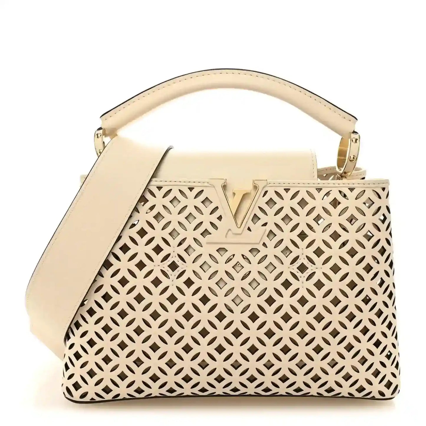 Louis Vuitton mini handbag with cut-out lattice pattern and top handle, light base