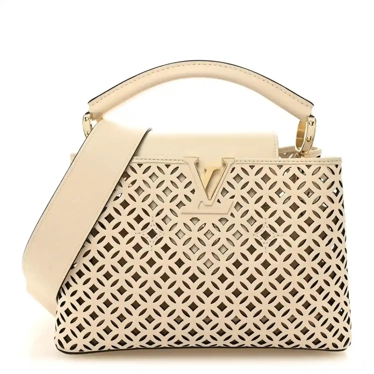 Louis Vuitton mini handbag with cut-out lattice pattern and top handle, light base