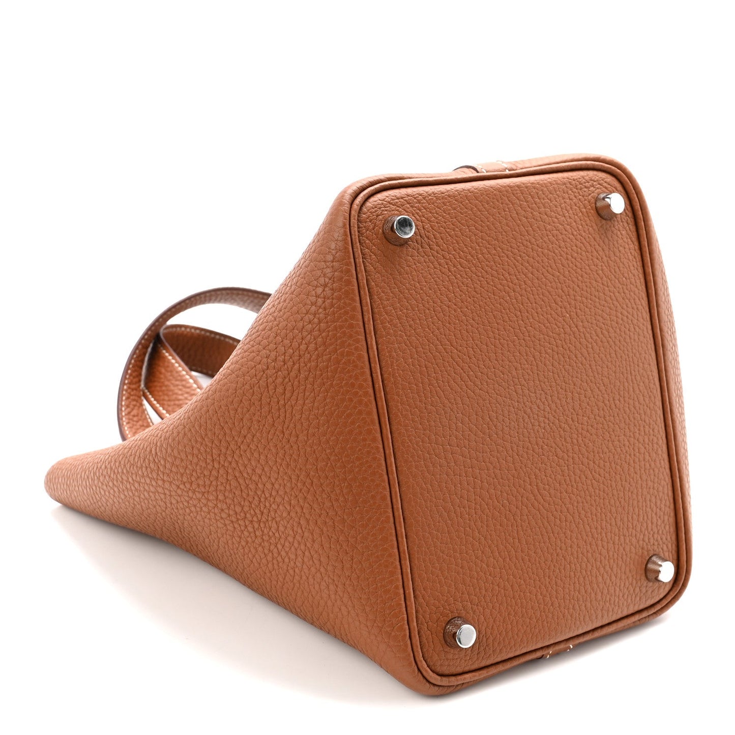 Cognac brown leather tote bag with metal feet and corner studs