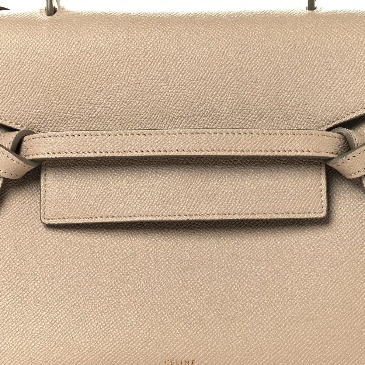 Celine light taupe micro belt bag front flap detail with adjustable belt strap
