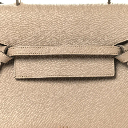 Celine light taupe micro belt bag front flap detail with adjustable belt strap