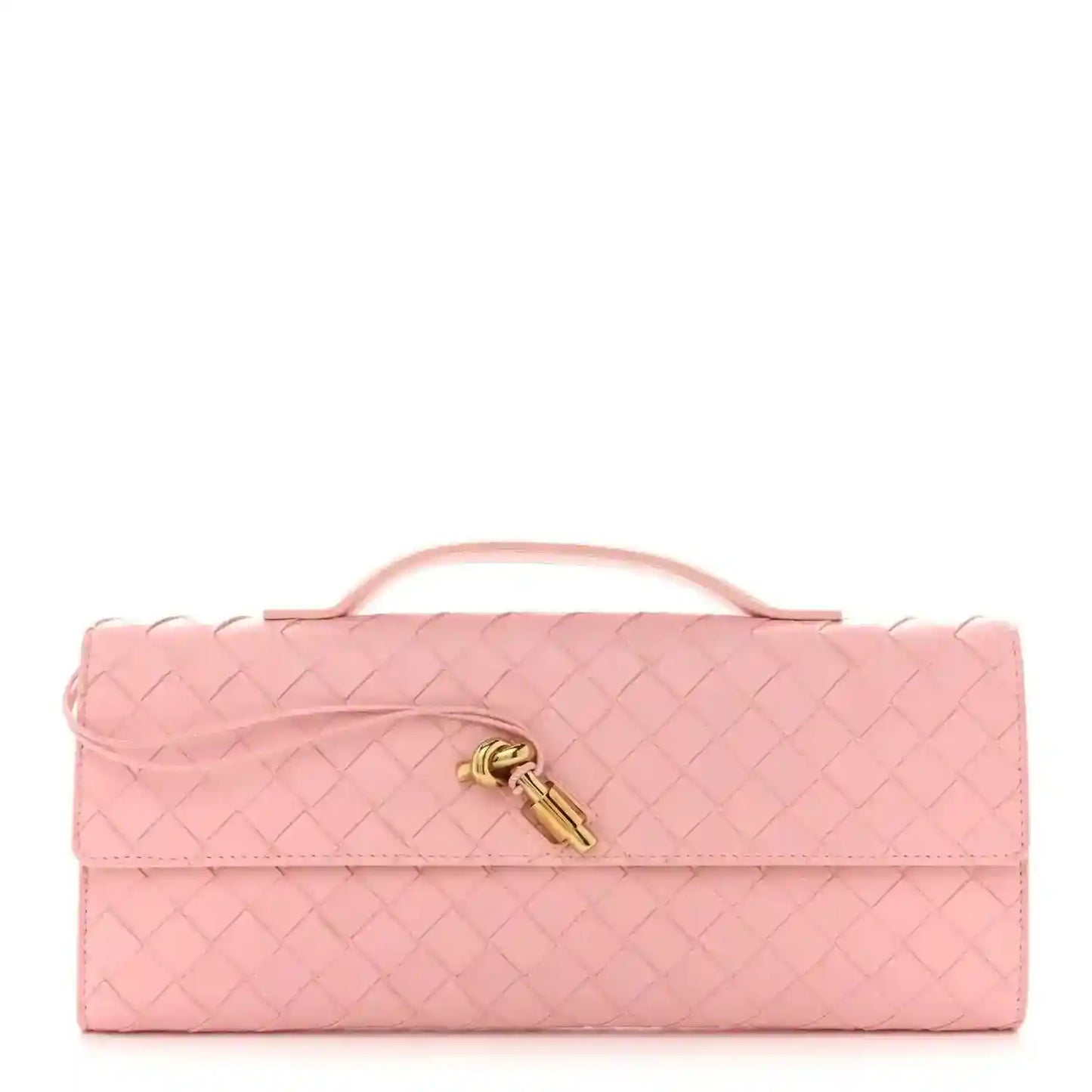 Bottega Veneta rose Nappa intrecciato clutch with top handle, flap and brass clasp