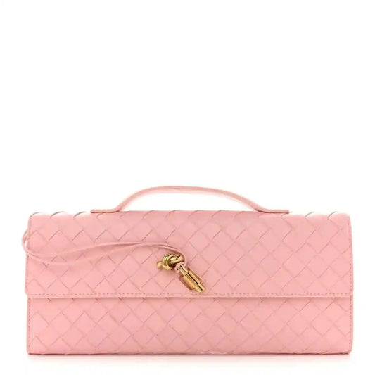 Bottega Veneta rose Nappa intrecciato clutch with top handle, flap and brass clasp
