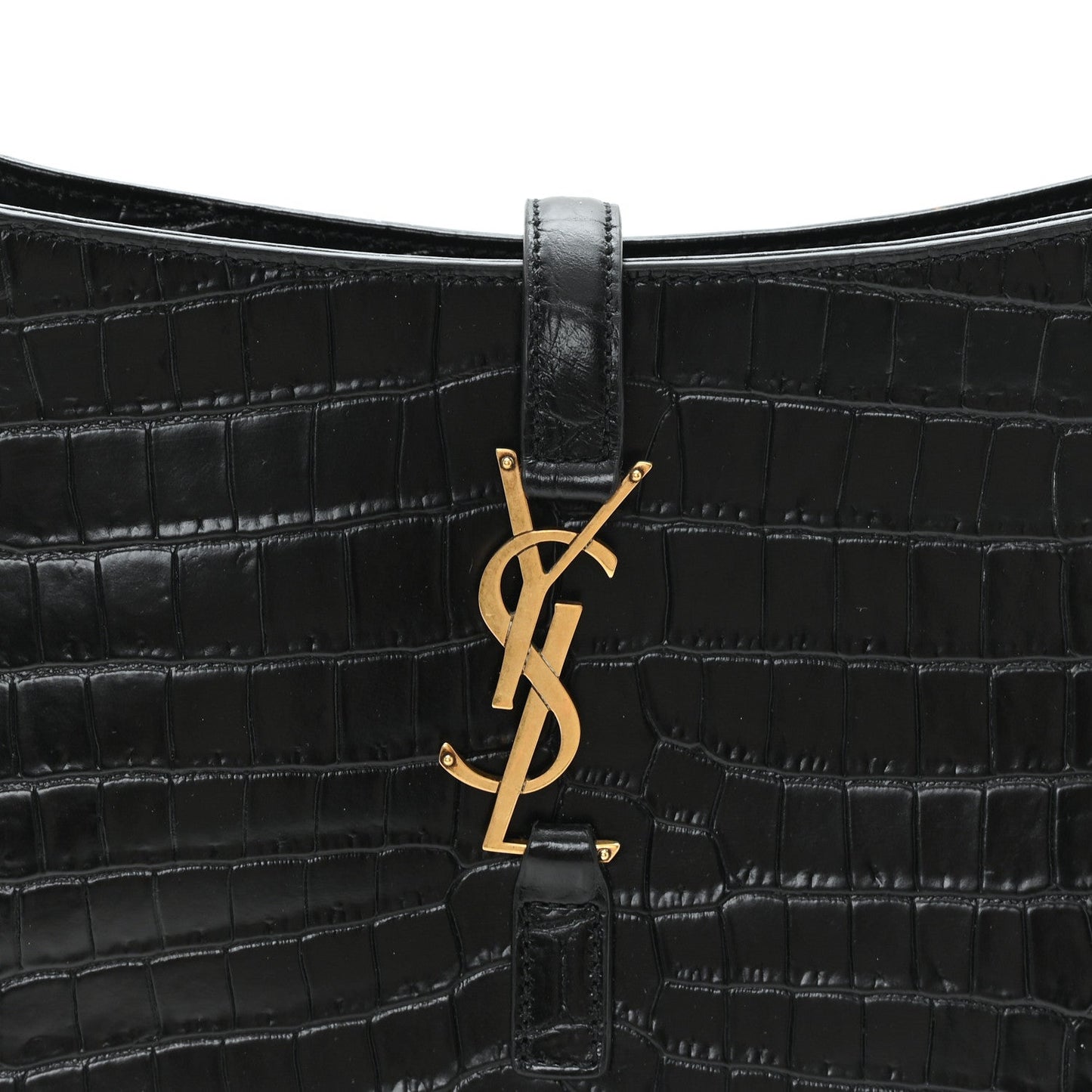 Black embossed calfskin hobo bag front with gold YSL logo hardware and strap tab