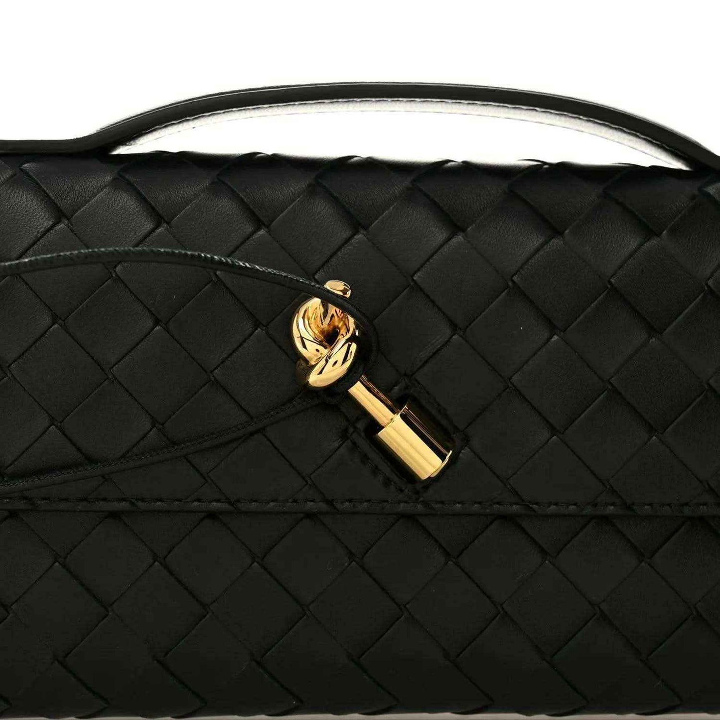Black intrecciato leather flap clutch with gold emblem clasp