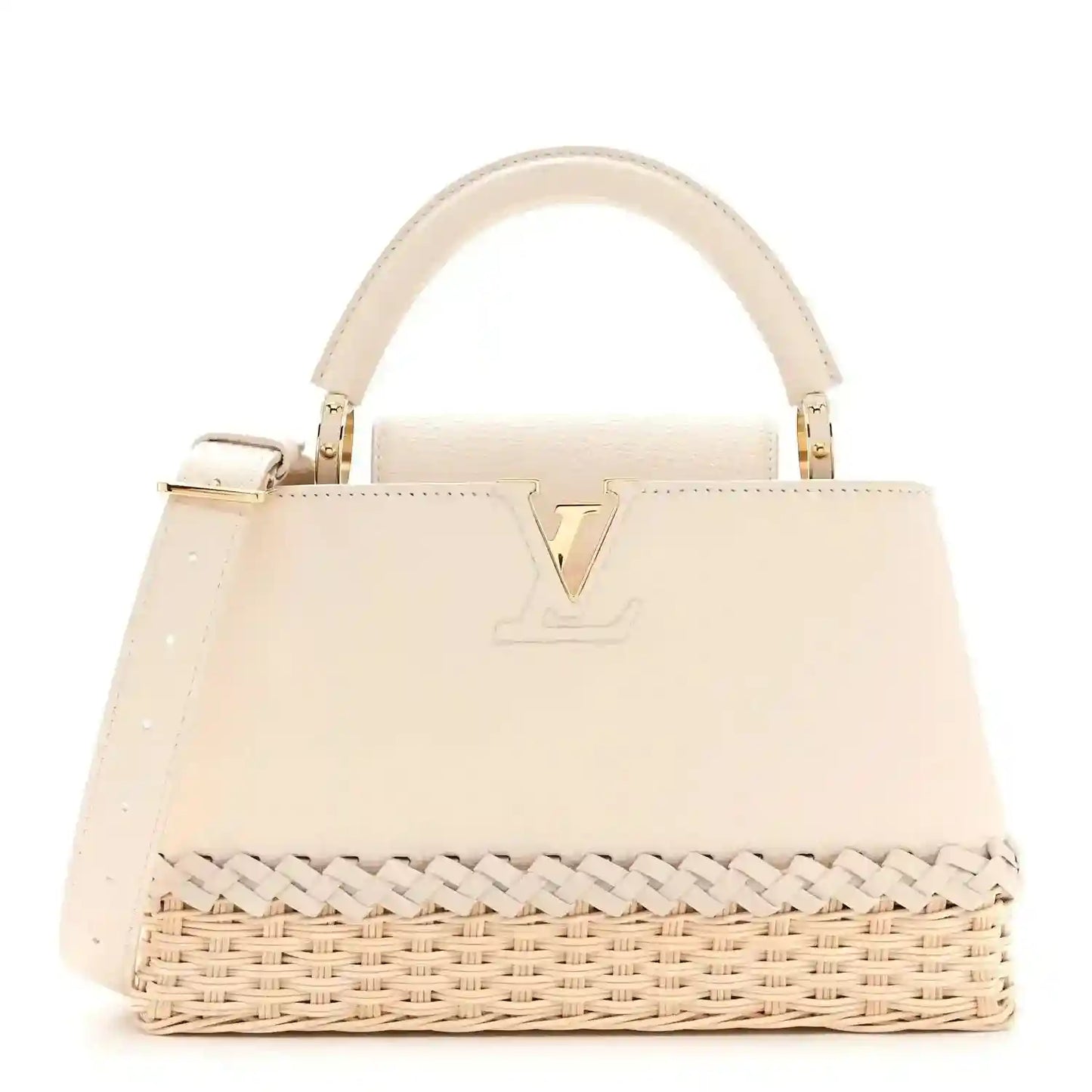 Louis Vuitton vanilla rattan handbag with top handles and LV logo