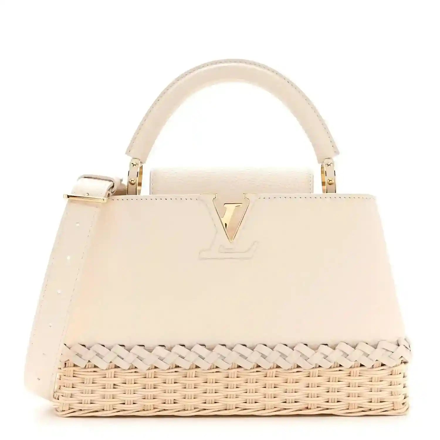 Louis Vuitton vanilla rattan handbag with top handles and LV logo