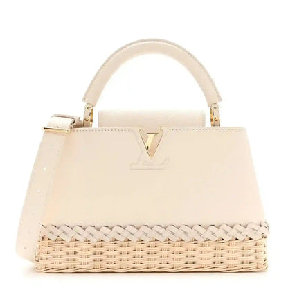 Louis Vuitton vanilla rattan handbag with top handles and LV logo
