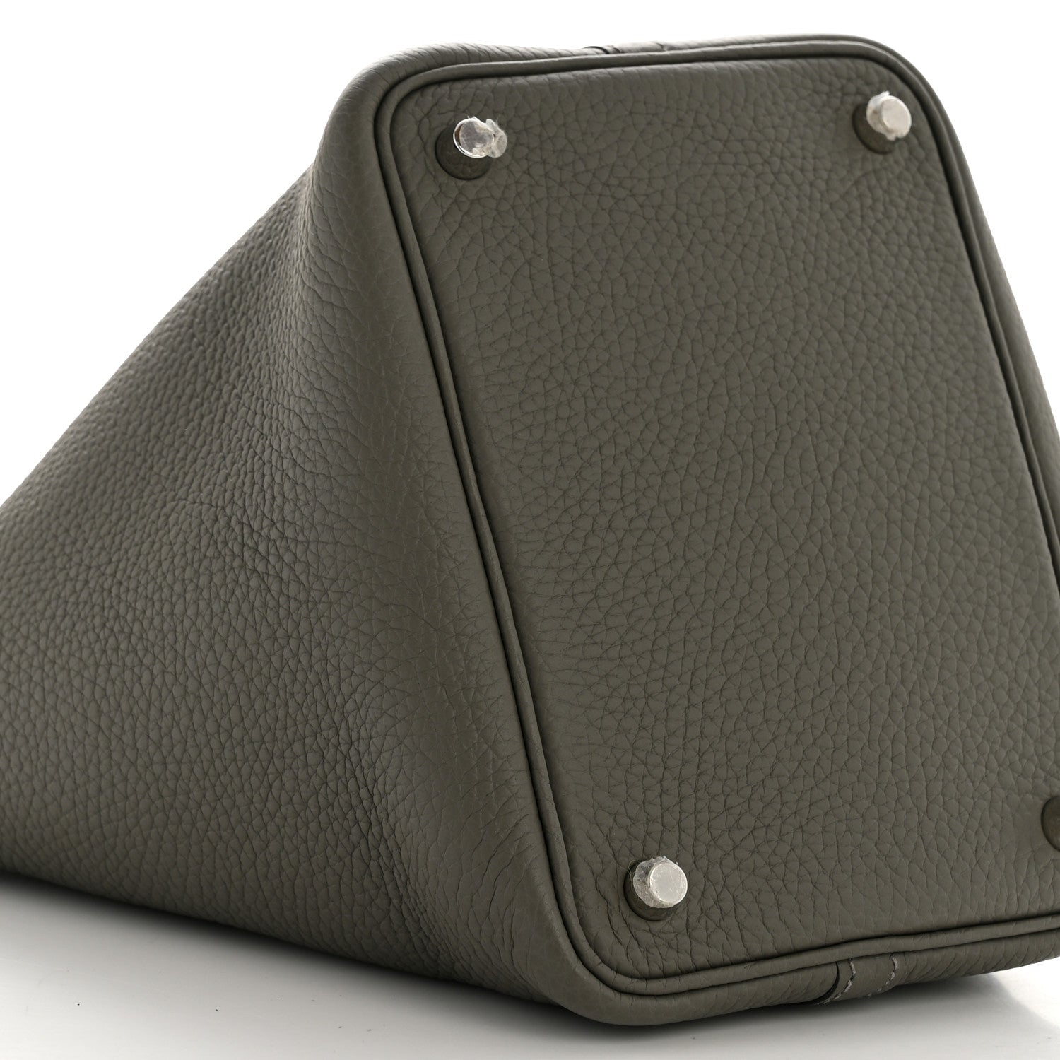 Structured leather bucket bag with top corners and silver buttons, dark green