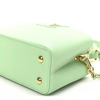 Green leather mini handbag side with gold chain and clasp