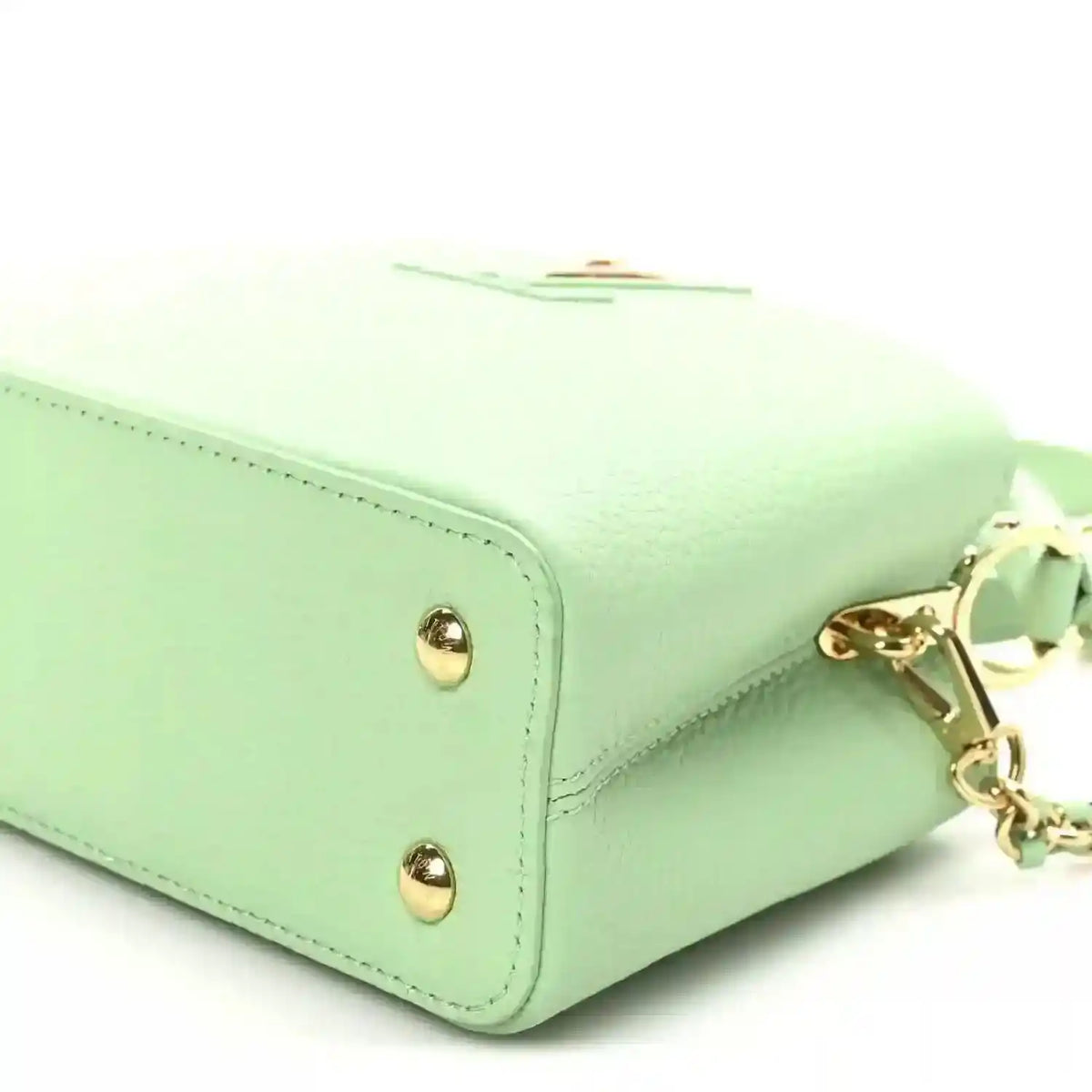 Green leather mini handbag side with gold chain and clasp
