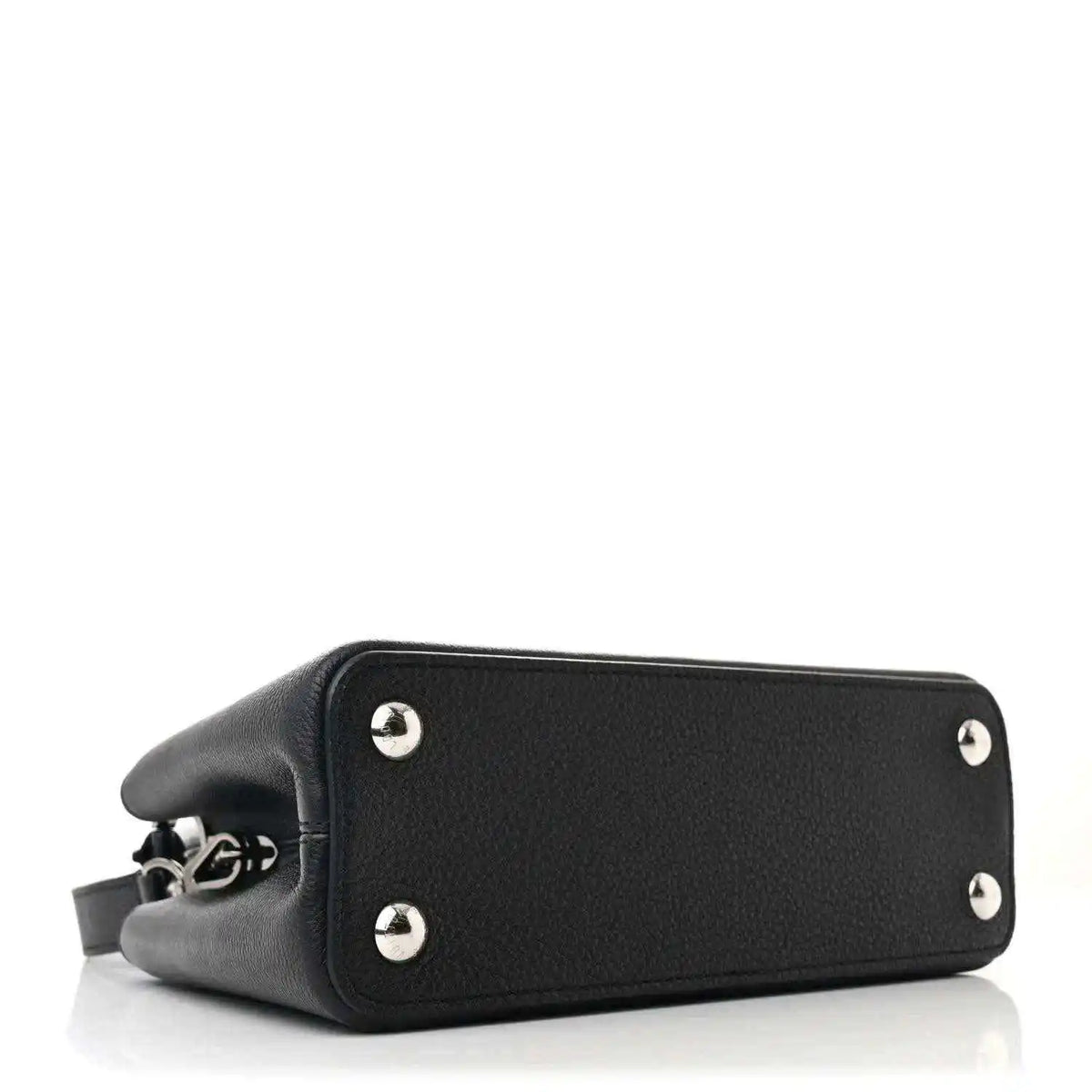 Black leather handbag with silver feet studs and structured bottom panel