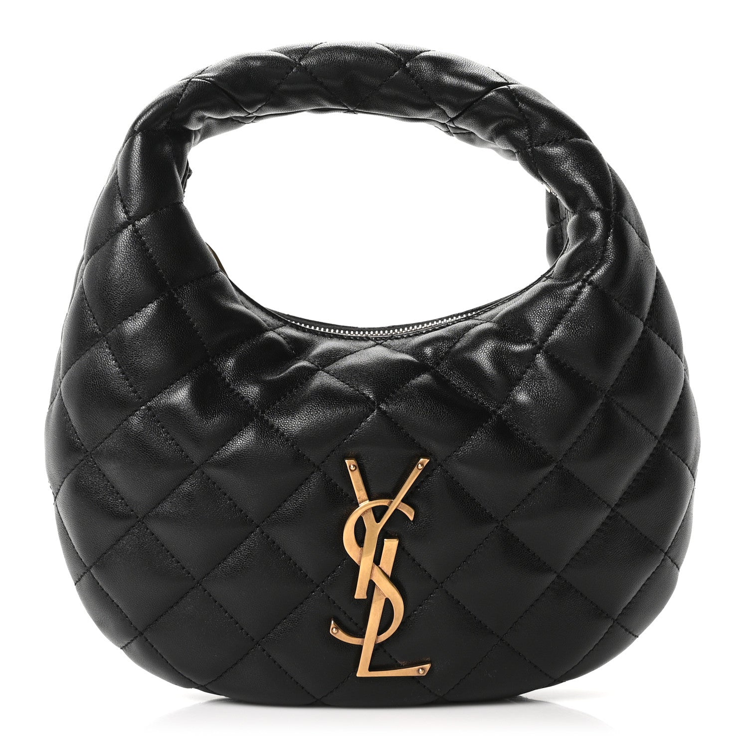 Black quilted leather hobo bag with gold YSL logo on the front