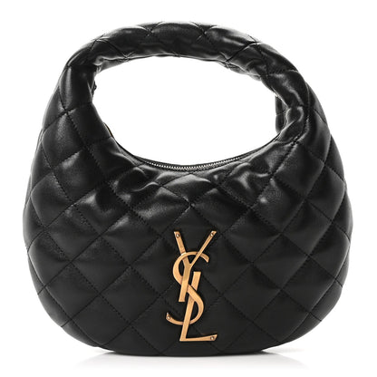 Black quilted leather hobo bag with gold YSL logo on the front