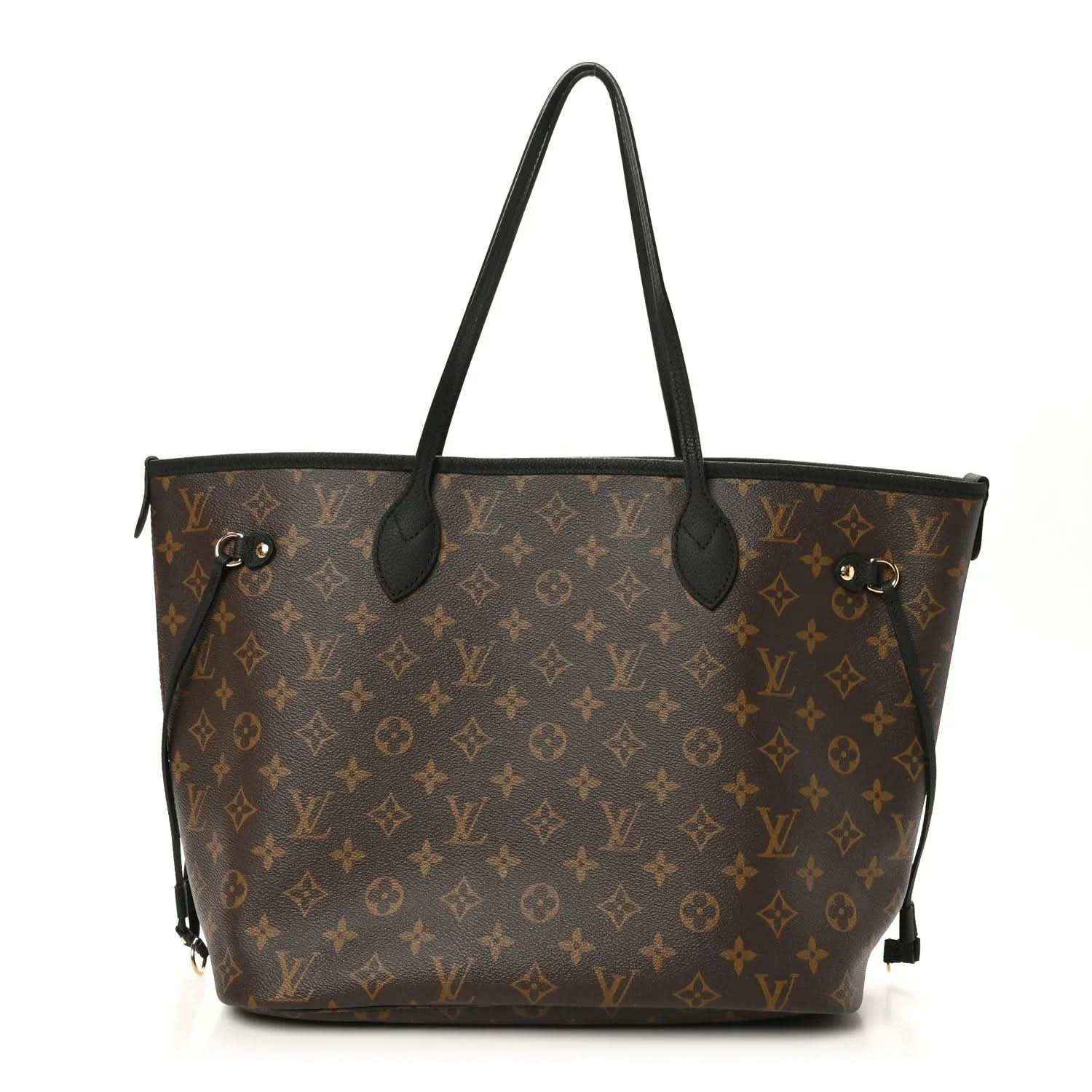 Monogram tote bag with black leather handles and gold-tone hardware