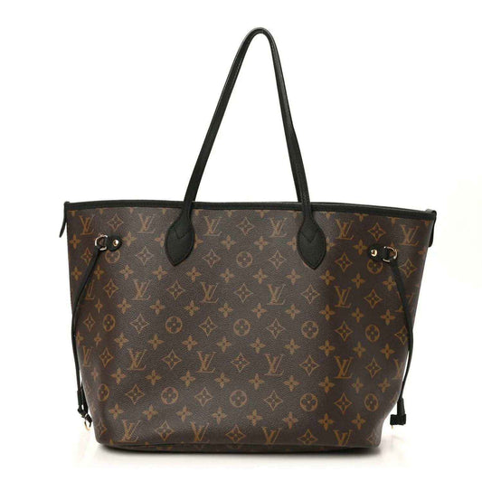 Monogram tote bag with black leather handles and gold-tone hardware
