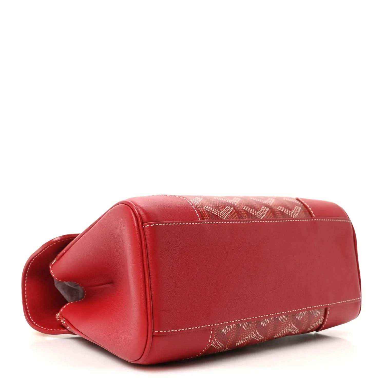 Red mini handbag angled view with top flap and coated canvas stripe trim.