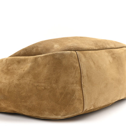 Suede tote bag top fold area with seam, golden-brown suede
