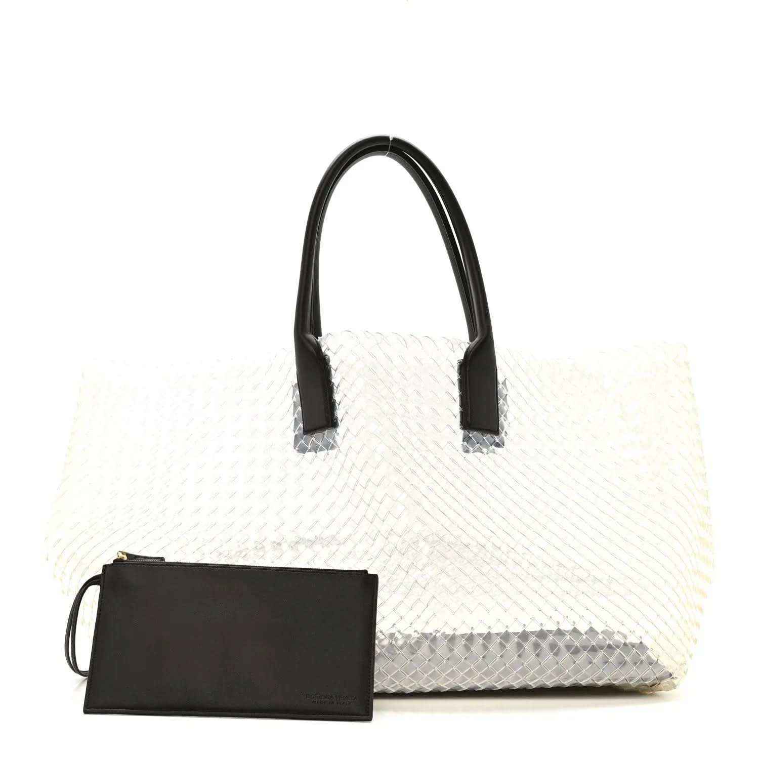 Large tote bag with white woven PVC body, black leather handles, and pouch