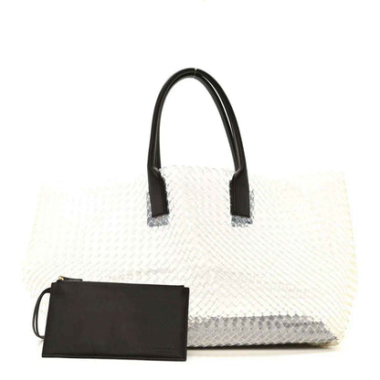 Large tote bag with white woven PVC body, black leather handles, and pouch