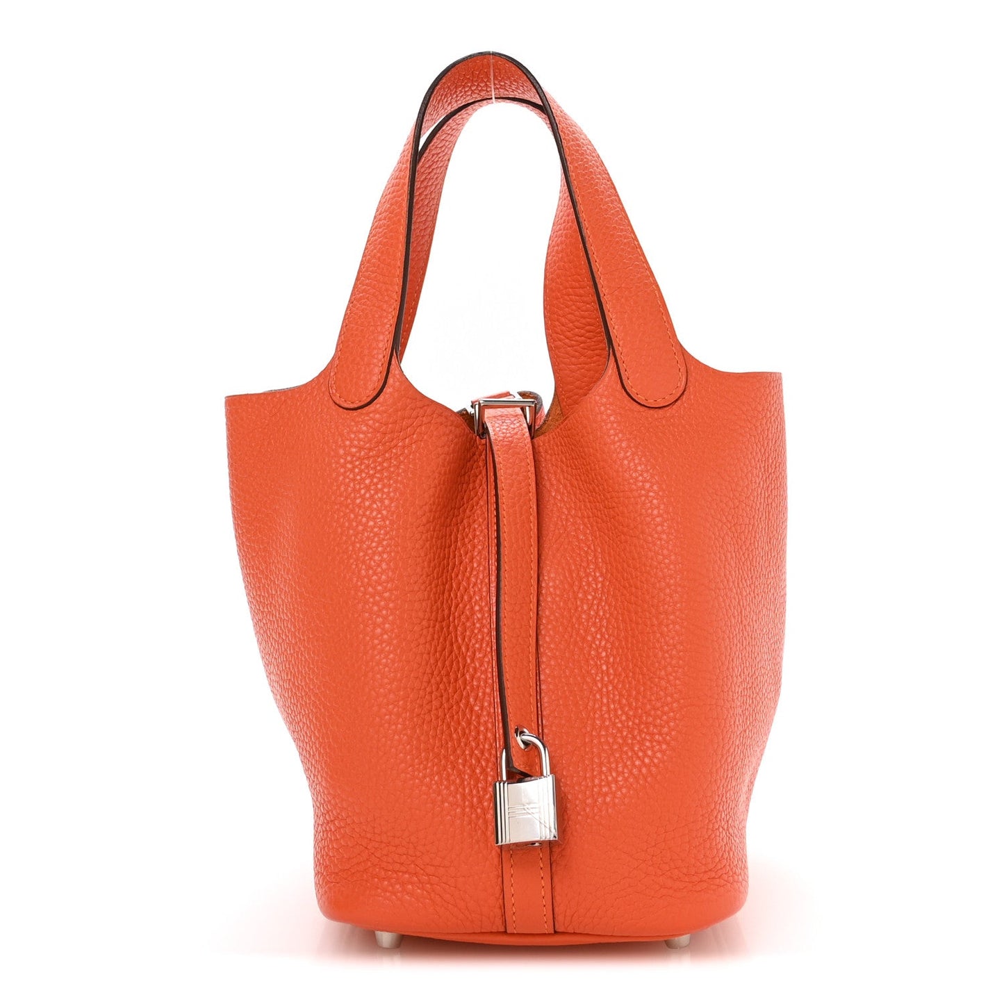 Orange pebbled leather Picotin-style handbag with top handles and metal lock