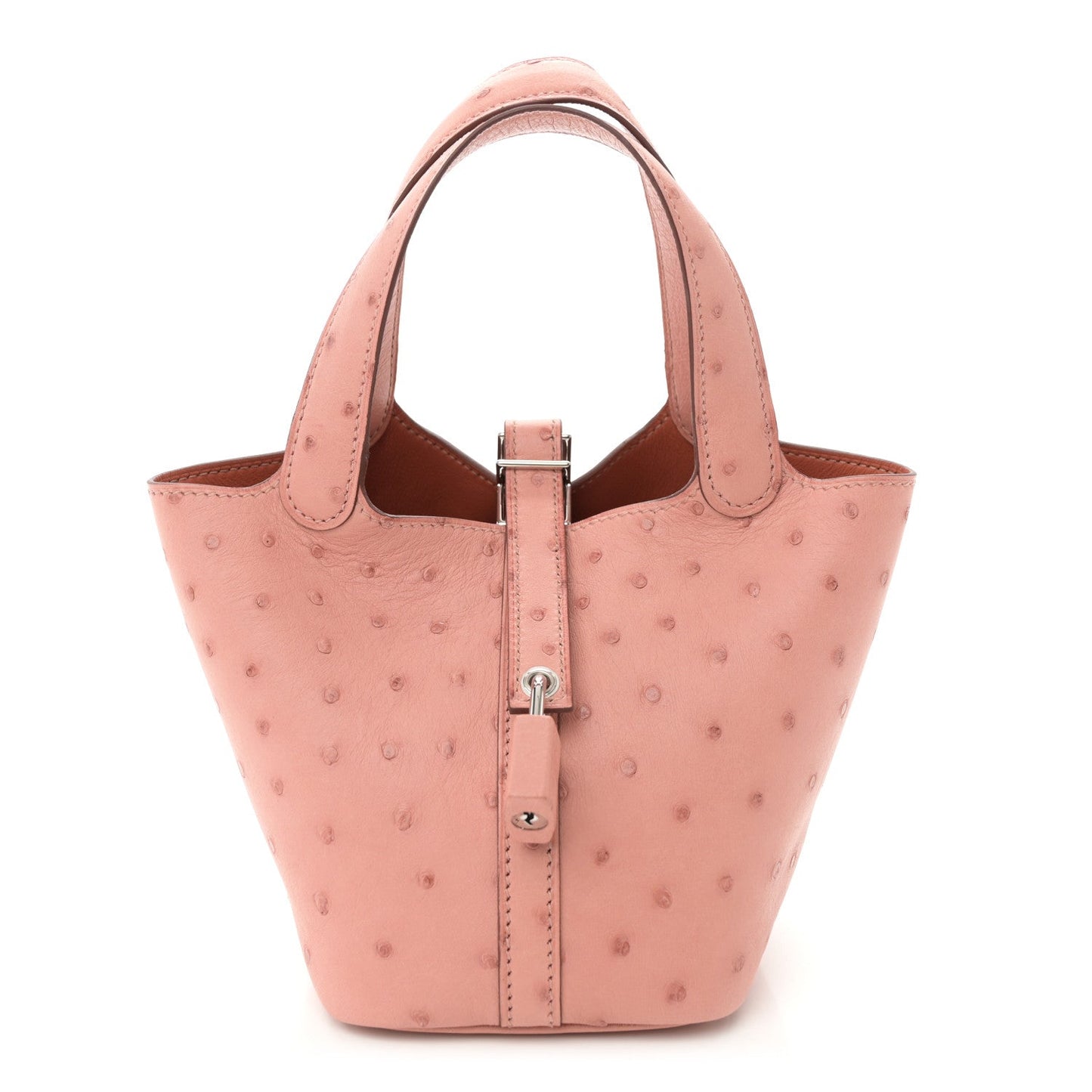 Light pink ostrich leather mini bucket bag with central lock closure and dual handles