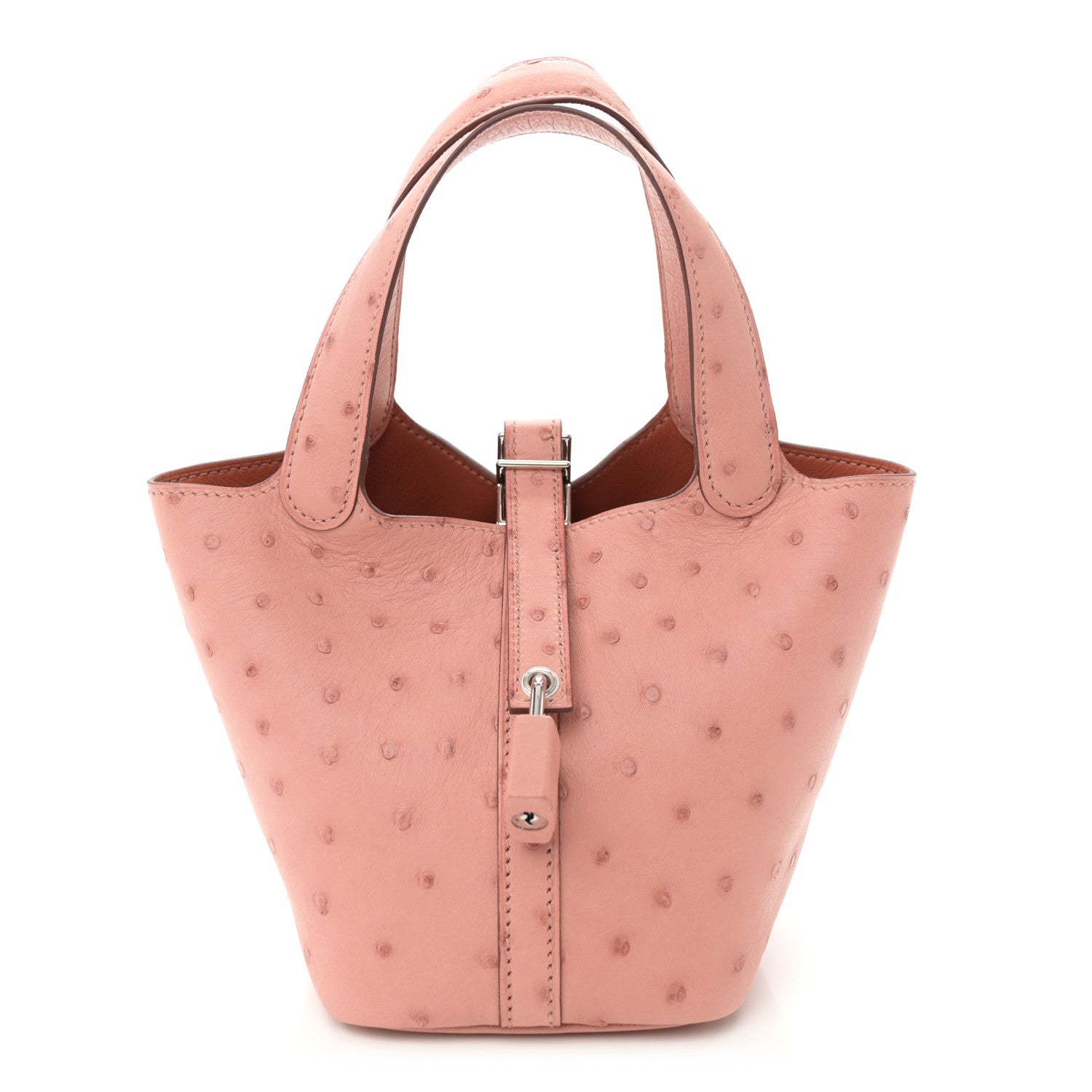 Light pink ostrich leather mini bucket bag with central lock closure and dual handles