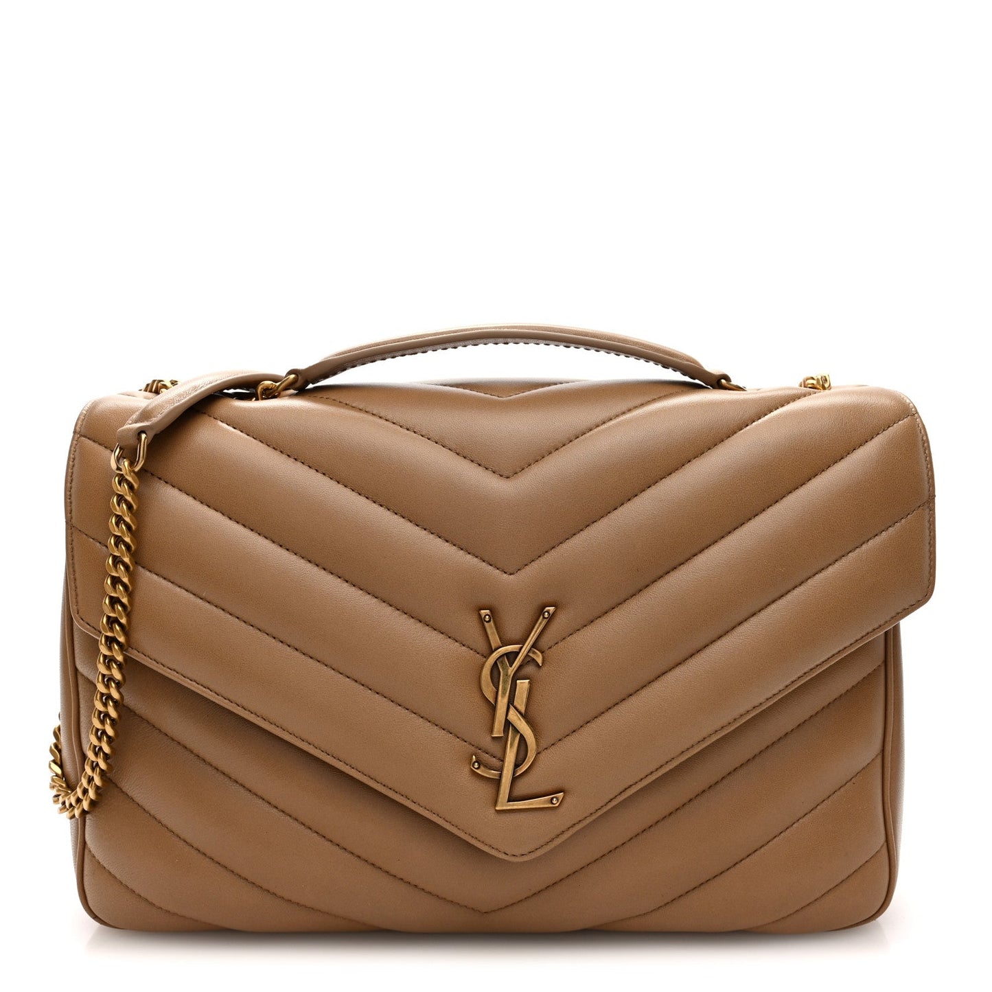 Chevron quilted lambskin Loulou bag, natural tan, gold-tone YSL clasp